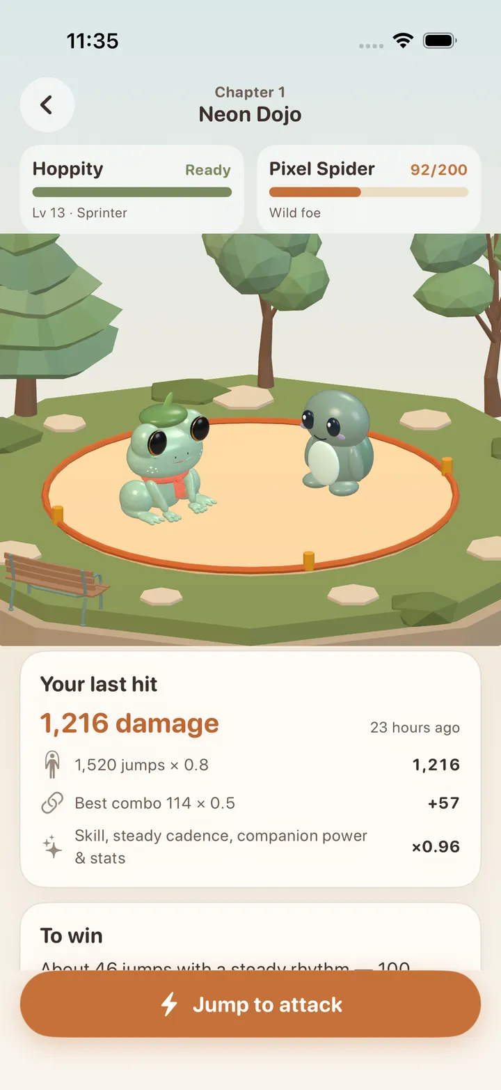 Battle stage: Hoppity faces Pixel Spider on a low-poly grass arena. The last hit dealt 1,216 damage from 1,520 jumps.
