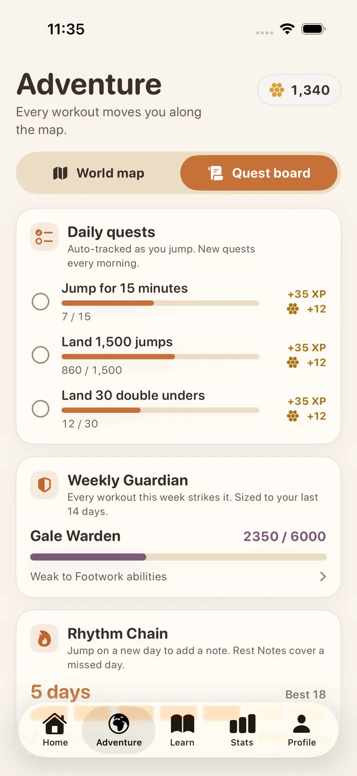 Quest board: three daily quests with XP and coin rewards, the Weekly Guardian Gale Warden at 2,350 of 6,000, and a five-day Rhythm Chain.