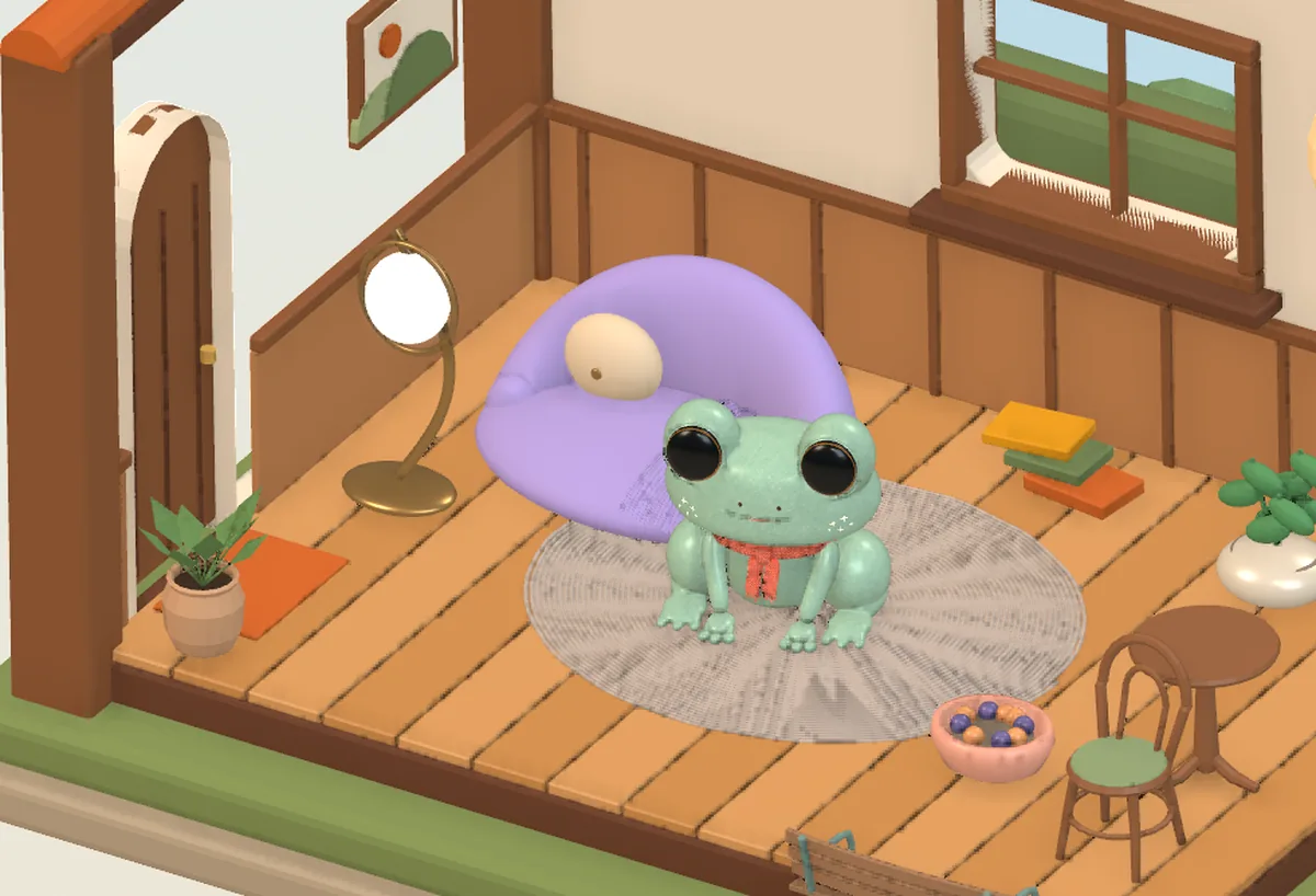 A low-poly cottage room with a wooden floor, a purple beanbag, plants and a small green frog companion wearing a red scarf.