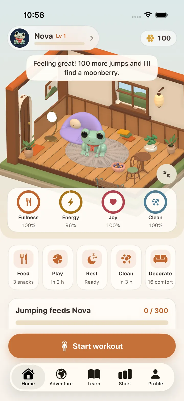 Zoomed-out view of the whole cottage: a timber room with a window, lantern, plants, table and chairs, with Nova on a rug.