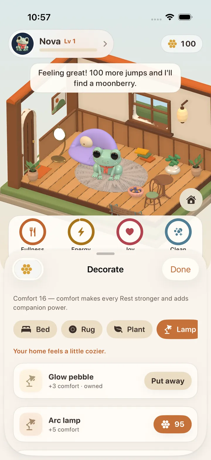 Decorate mode over the whole cottage: comfort 16, furniture categories bed, rug, plant and lamp, with a glow pebble owned and an arc lamp for 95 coins.