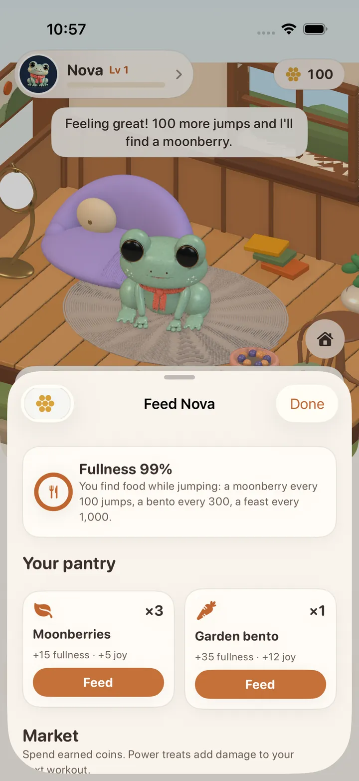 Feed tray: fullness 99%, an explanation that food is found while jumping, and a pantry with three moonberries and a garden bento.