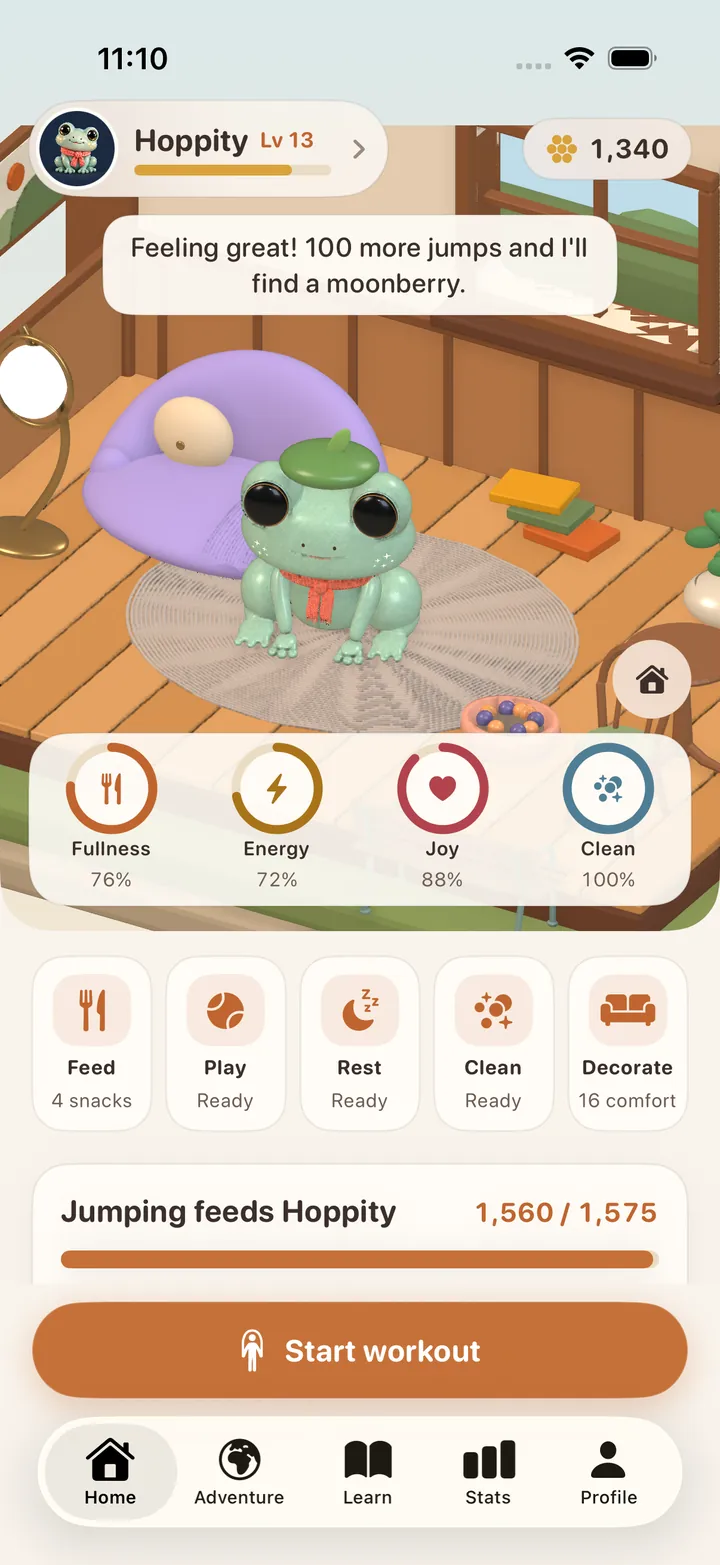 Home screen: Hoppity, level 13, in the cottage with need rings for fullness 76%, energy 72%, joy 88% and clean 100%, and care buttons Feed, Play, Rest, Clean and Decorate.