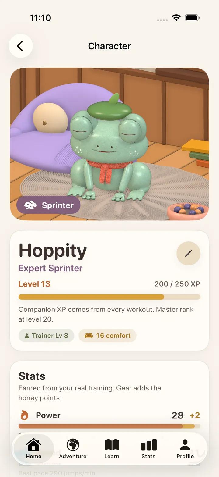 Character sheet: Hoppity, Expert Sprinter, level 13 with 200 of 250 XP, trainer level 8 and 16 comfort.