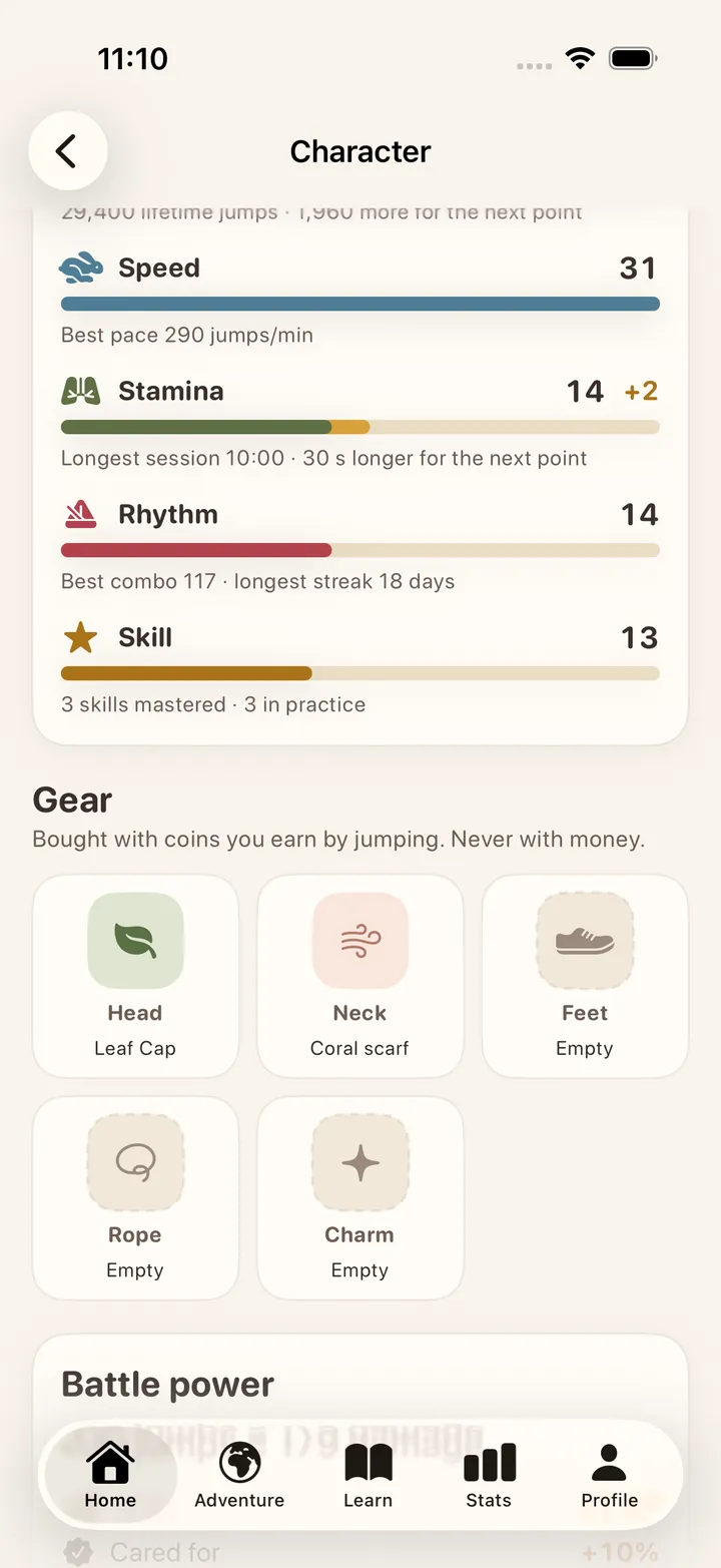 Stats with explanations, such as Speed 31 from a best pace of 290 jumps per minute, and five gear slots: head, neck, feet, rope and charm.