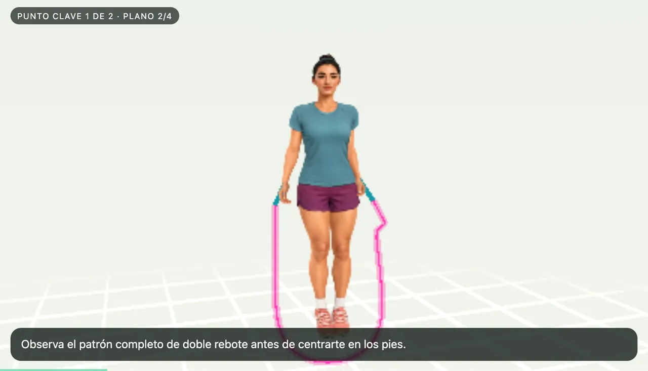 Spanish lesson film frame: “Observa el patrón completo de doble rebote antes de centrarte en los pies.”