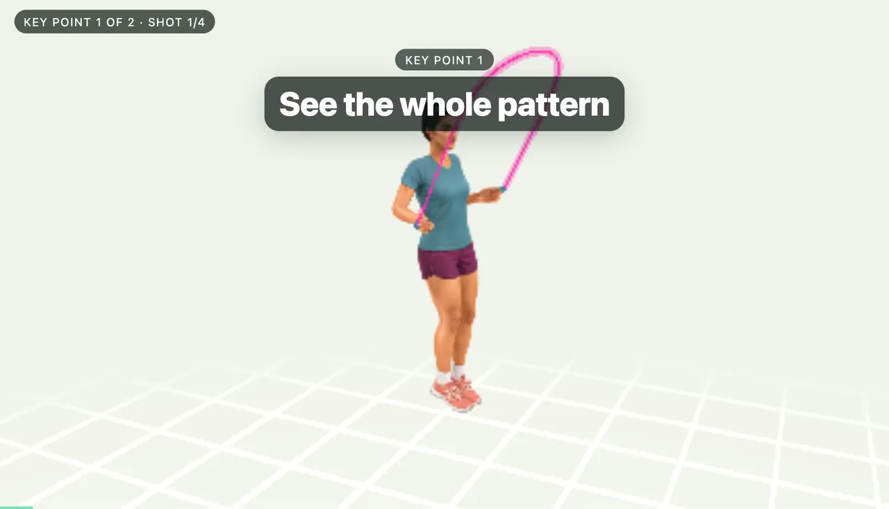 Double bounce lesson film, key point 1 of 2, shot 1 of 4: the 3D instructor turns a pink rope under the title “See the whole pattern”.