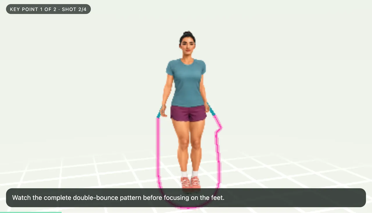 Shot 2: closer view with the caption “Watch the complete double-bounce pattern before focusing on the feet.”