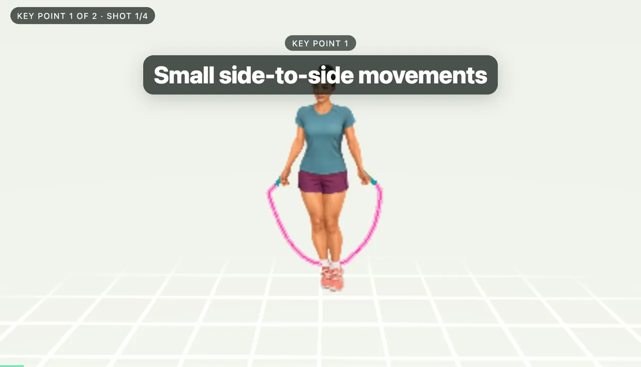 3D instructor doing the skier step, with the on-screen title “Small side-to-side movements”.