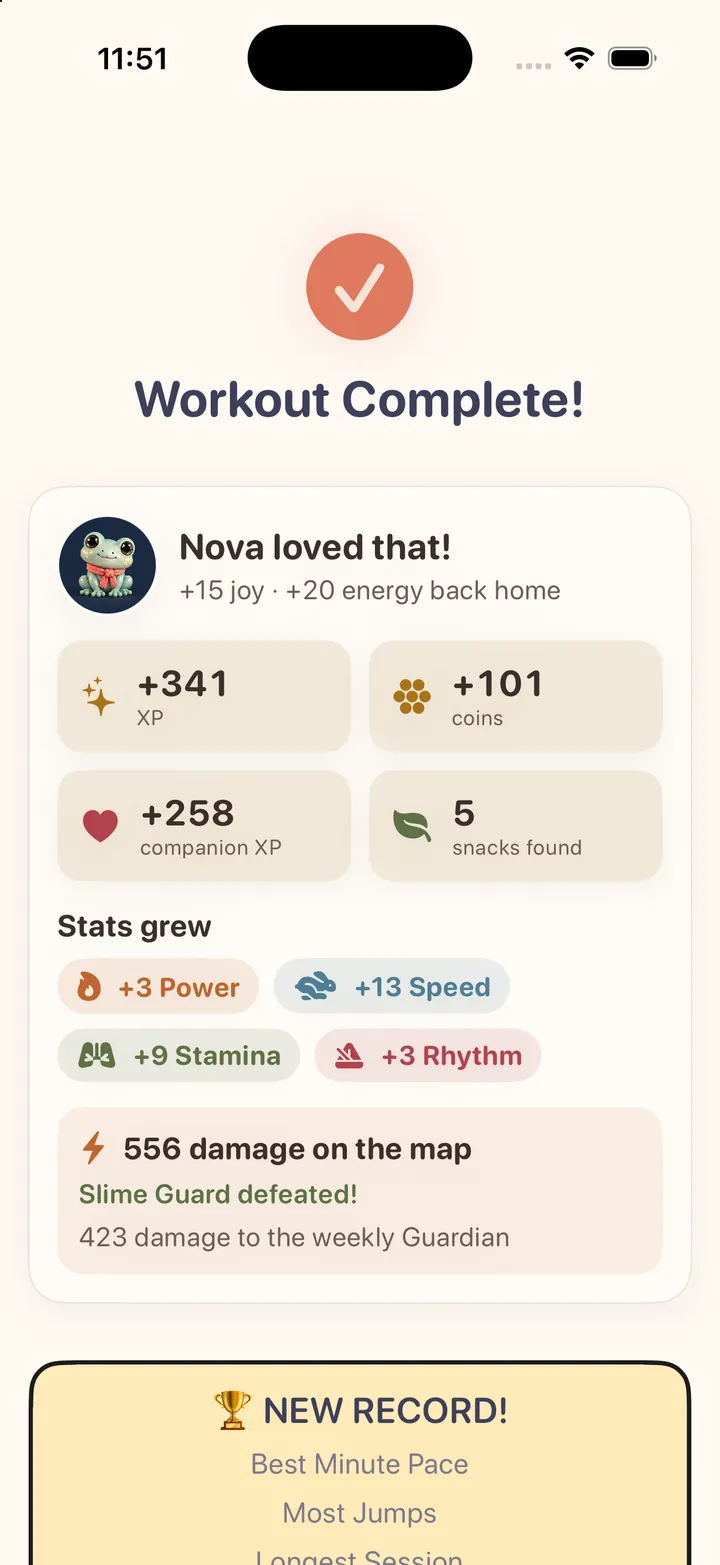 Workout reward card: Nova loved that, plus 341 XP, 101 coins, 258 companion XP and 5 snacks found; +3 Power, +13 Speed, +9 Stamina, +3 Rhythm; 556 damage on the map, Slime Guard defeated, 423 damage to the weekly Guardian.